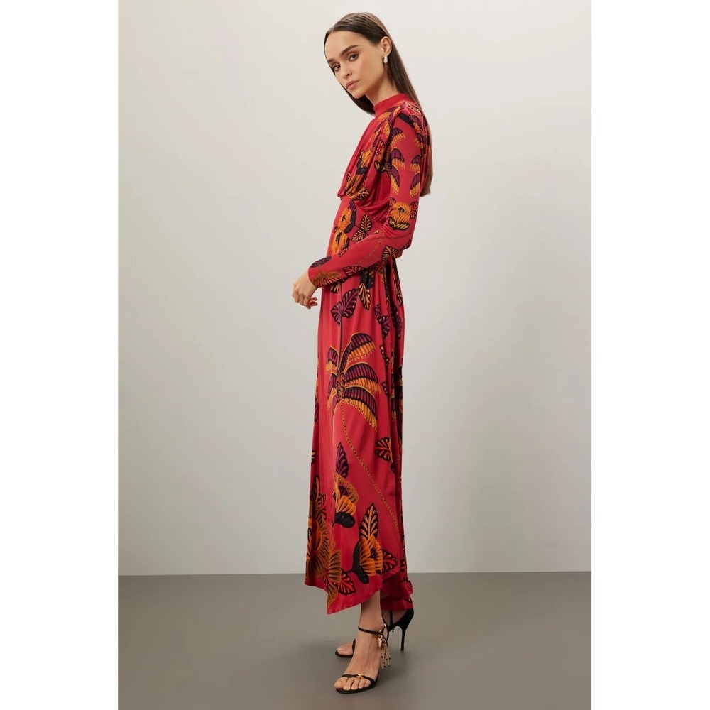 Farm Rio Long-Sleeve Mock-Neck Maxi Dress Red Floral Size Small - Picture 5 of 12